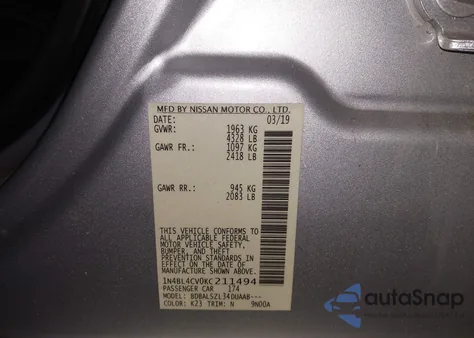 2019 Nissan Altima 2.5 Sr from USA, damaged, VIN 1N4BL4CV0KC211494